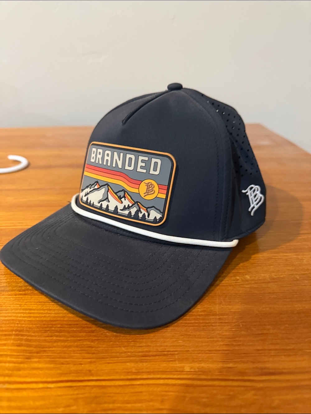 Branded Kids Navy Trucker Hat with Mountain Patch and White Rope